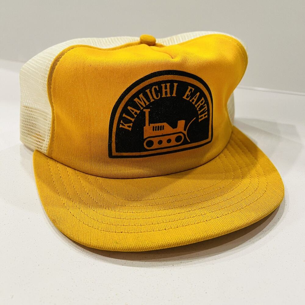 Vintage Kiamichi Earth Dozer Trucker Mesh Snapback Hat Yellow USA Reynol…